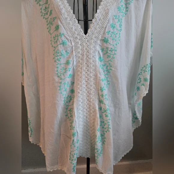Spiaggia Dolce 100% Cotton Embroidered V-Neck Boho Kaftan Bathing Suit Cover Up - Picture 4 of 9